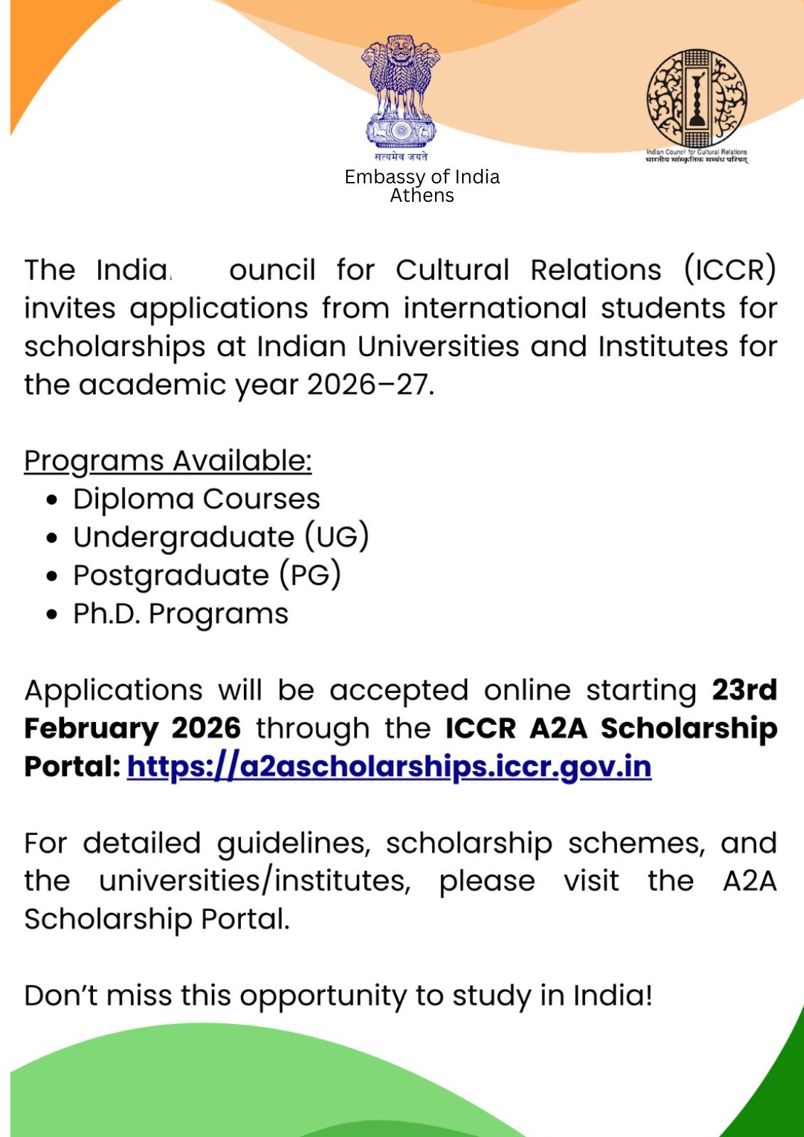 ICCR Scholarships 2026-27